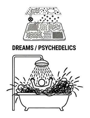 Booklet drawing: a figure in an overflowing bathtub under a shower, labelled dreams / psychedelics